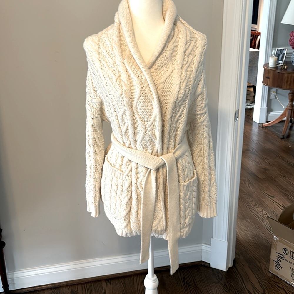 Ralph Lauren Cable-Knit Cotton-Blend Cardigan, White, size small